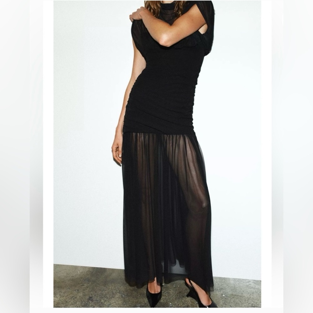 Zara Combined Draped Midi Dress in Black - Size Small